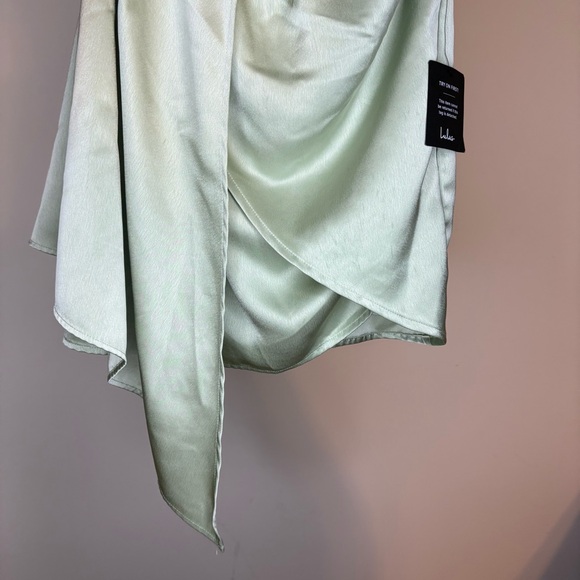 NWT Lulu's Asymmetrical Always Celebrating Sage Satin Mini Dress Size Small - Picture 10 of 13